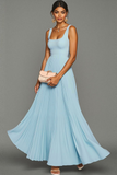 Sky Blue Pleated A Line Long Formal Dress