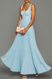 Sky Blue Pleated A Line Long Formal Dress