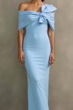 Sky Blue Mermaid Off the Shoulder Long Formal Dress with Bow