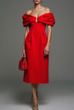 Red Sheath Off the Shoulder Midi Formal Dress