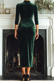 Dark Green High Neck Velvet Sheath Long Formal Dress with Sleeves