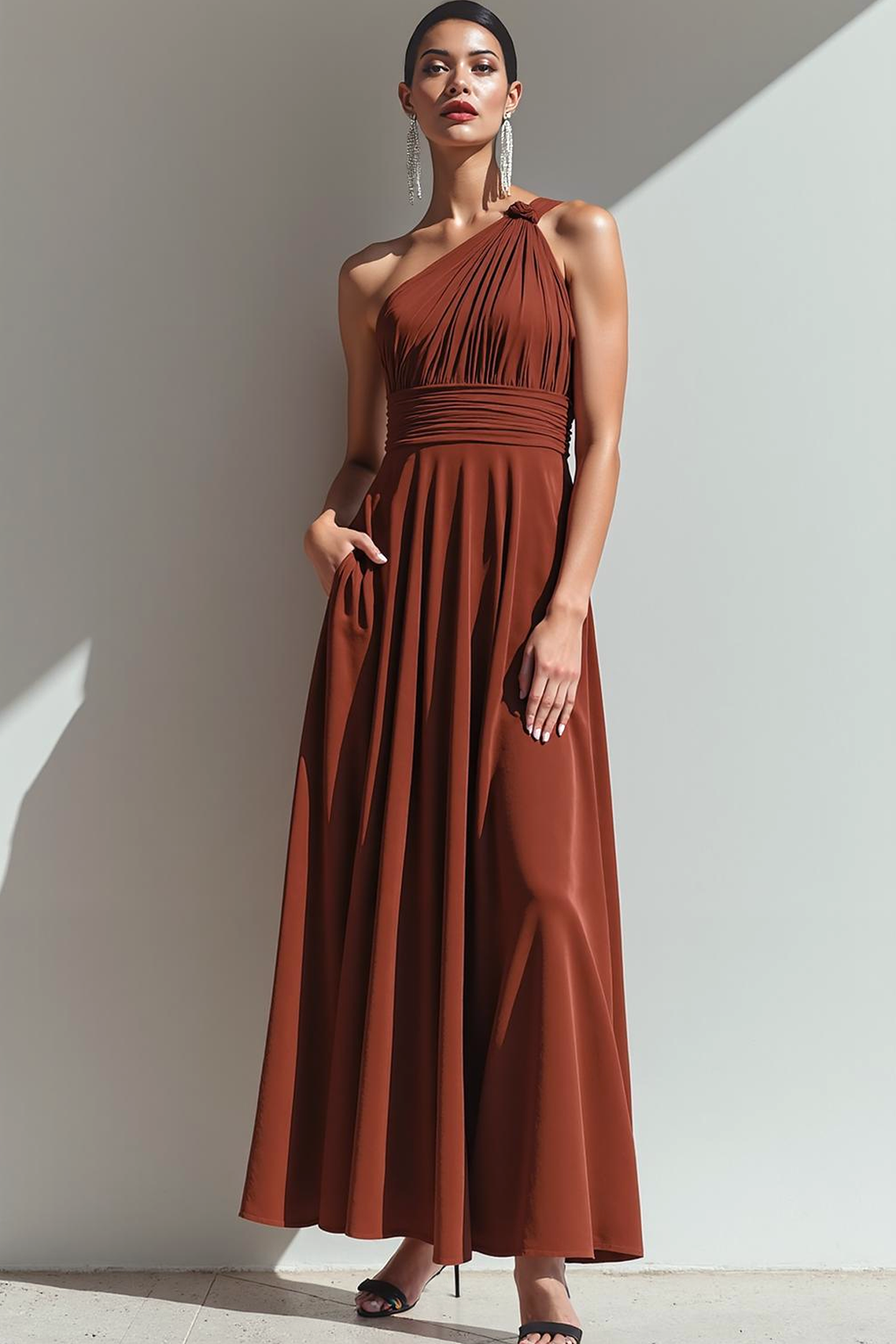 Zapaka Women Terracotta Maxi Formal Dress with Pocket A Line Sleeveless One Shoulder Ruched Wedding Guest Dress ZAPAKA AU Zapaka Women Terracotta Maxi Formal Dress with Pocket A Line Sleeveless One Shoulder Ruched Wedding Guest Dress ZAPAKA AU