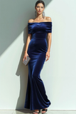 Navy Mermaid Velvet Off the Shoulder Maxi Evening Dress