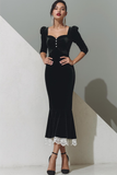 Black Velvet Mermaid Tea Length Formal Dress with Lace