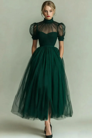 Dark Green A Line High Neck Tulle Midi Dress with Short Sleeves