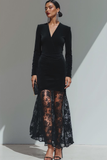 Black Velvet Sheath V-Neck Long Formal Dress with Lace