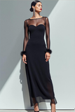 Black Sheath Boat Neck Long Sleeves Chiffon Formal Dress with Feathers