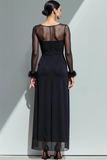 Black Sheath Boat Neck Long Sleeves Chiffon Formal Dress with Feathers