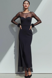 Black Sheath Boat Neck Long Sleeves Chiffon Formal Dress with Feathers