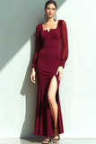 Cabernet Mermaid Square Neck Long Sleeves Formal Dress with Slit