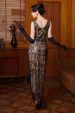 Sparkly Black Apricot Sequins Sheath 1920s Dress