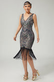 Black Apricot Fringed Bodycon 1920s Dress With Sequins
