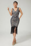 Black Apricot Fringed Bodycon 1920s Dress With Sequins