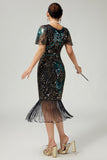 Sparkly Black Blue Fringed 1920s Dress With Short Sleeves