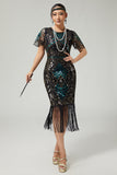 Sparkly Black Blue Fringed 1920s Dress With Short Sleeves