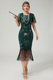 Sparkly Dark Green Pencil 1920s Dress With Fringes