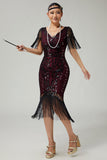Black Golden V-Neck 1920s Dress With Sequins and Fringes