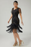 Black Golden Riered Fringed 1920s Dress With Beading