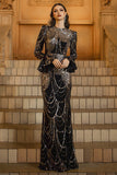 Black Golden Mermaid Long Sleeve Sequins Formal Dress