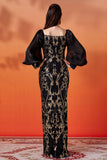 Sparkly Black Golden Mermaid Long Sleeve Formal Dress