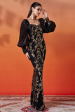 Sparkly Black Golden Mermaid Long Sleeve Formal Dress