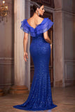 Royal Blue V Neck Mermaid Sequin Formal Dress