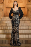 Black Golden Long Sleeve Mermaid Sequin Formal Dress