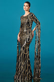 Black Golden Mermaid Long Sleeves Sequin Formal Dress