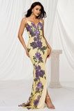 Yellow Mermaid Spaghetti Straps Sweep Train Floral Prom Dress