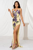 Yellow Mermaid Spaghetti Straps Sweep Train Floral Prom Dress