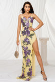 Yellow Mermaid Spaghetti Straps Sweep Train Floral Prom Dress