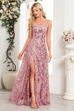 Blush A Line Thick Straps Floral Long Prom Dress with Slit