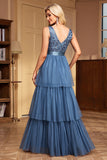 Grey Blue Tiered A Line Thick Straps Long Prom Dress
