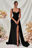 Maxi Thick Straps Mermaid Black Prom Dress with Slit