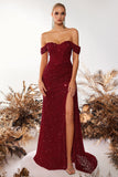 Sparkly Burgundy Corset Off the Shoulder Long Prom Dress with Slit