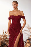 Sparkly Burgundy Corset Off the Shoulder Long Prom Dress with Slit