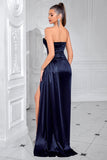 Navy Sheath Corset Satin Strapless Long Prom Dress with Slit