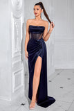 Navy Sheath Corset Satin Strapless Long Prom Dress with Slit