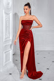 Navy Sheath Corset Satin Strapless Long Prom Dress with Slit