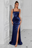 Navy Satin Square Neck Sheath Long Prom Dress with Slit