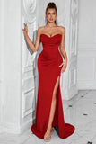 Red Corset Satin Mermaid Long Prom Dress with Slit