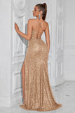Sparkly Golden Sequin Mermaid Long Prom Dress with Slit