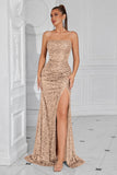 Sparkly Golden Sequin Mermaid Long Prom Dress with Slit