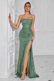 Sparkly Golden Sequin Mermaid Long Prom Dress with Slit