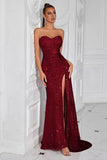 Sparkly Burgundy Sequins Sweetheart Mermaid Long Prom Dress with Slit