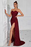 Sparkly Burgundy Sequins Sweetheart Mermaid Long Prom Dress with Slit