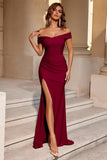 Burgundy Satin Mermaid Off The Shoulder Long Prom Dress with Slit