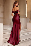 Burgundy Satin Mermaid Off The Shoulder Long Prom Dress with Slit