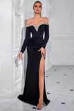 Sparkly Black Satin Off The Shoulder Beaded Mermaid Long Formal Dress with Slit