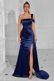 Navy Satin Mermaid One Shoulder Long Formal Dress with Slit